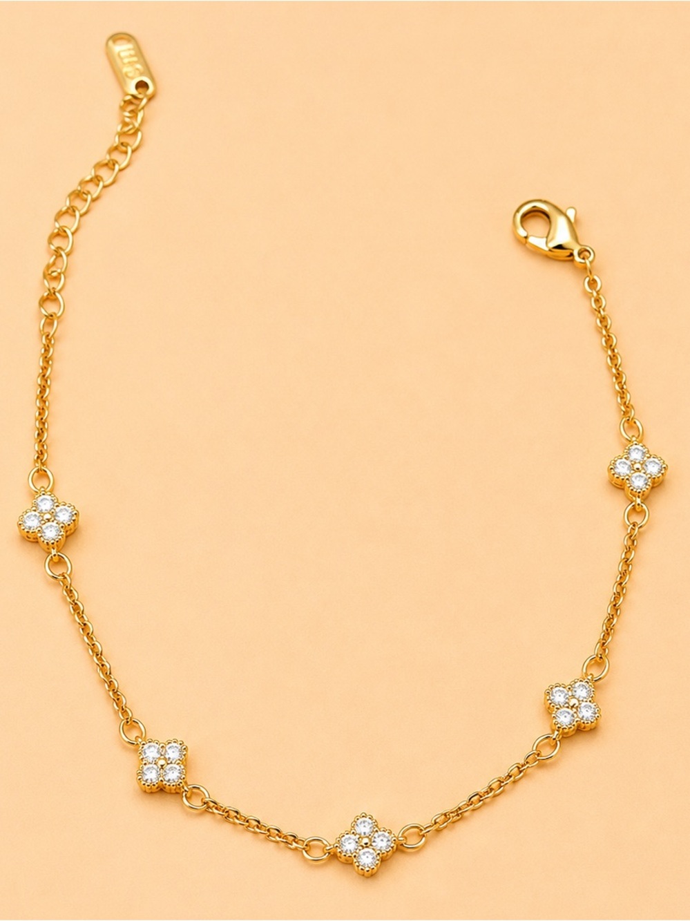 14K Gold Plated Petite Clover Bracelet CZ Floral Charm Adjustable Chain 5 Motif